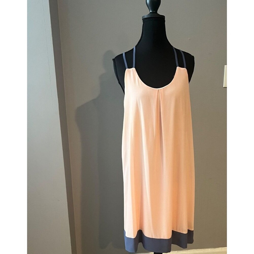 Ya Los Angeles Silk Colorblock Trapeze Mini Shift Dress Size Medium Peach Blue